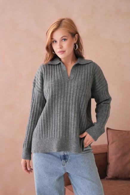 Kadın Polo Yaka Yarım Pat Kaşkorse Oversize Triko Kazak