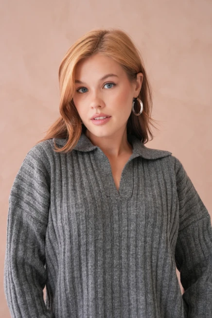 Kadın Polo Yaka Yarım Pat Kaşkorse Oversize Triko Kazak