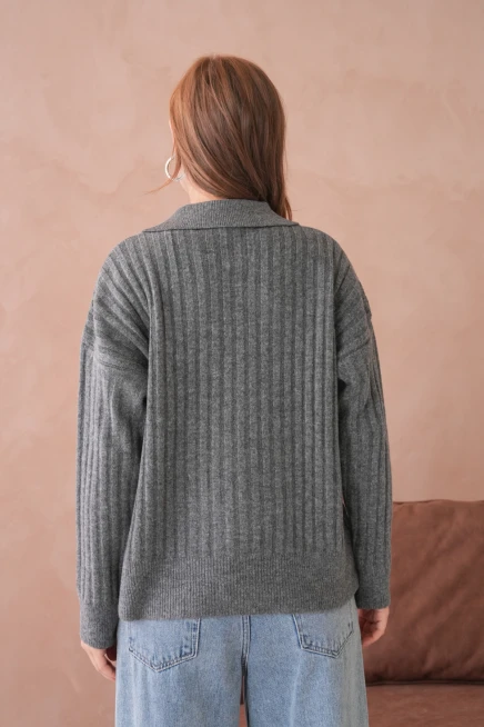 Kadın Polo Yaka Yarım Pat Kaşkorse Oversize Triko Kazak