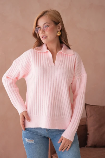 Kadın Polo Yaka Yarım Pat Kaşkorse Oversize Triko Kazak