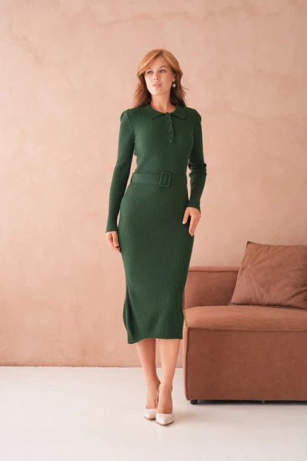 Kadın Polo Yaka Yarım Pat Kumaş Düğme Detay Kemerli Kaşkorse Triko Elbise