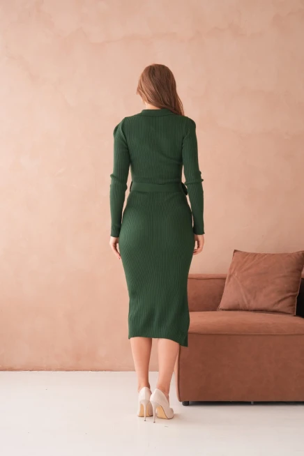 Kadın Polo Yaka Yarım Pat Kumaş Düğme Detay Kemerli Kaşkorse Triko Elbise