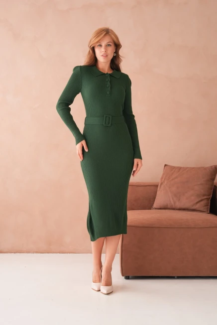 Kadın Polo Yaka Yarım Pat Kumaş Düğme Detay Kemerli Kaşkorse Triko Elbise