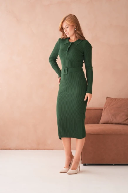 Kadın Polo Yaka Yarım Pat Kumaş Düğme Detay Kemerli Kaşkorse Triko Elbise