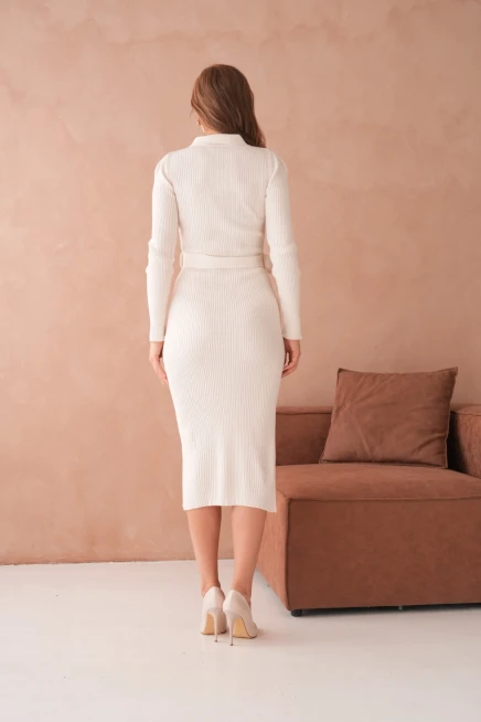 Kadın Polo Yaka Yarım Pat Kumaş Düğme Detay Kemerli Kaşkorse Triko Elbise