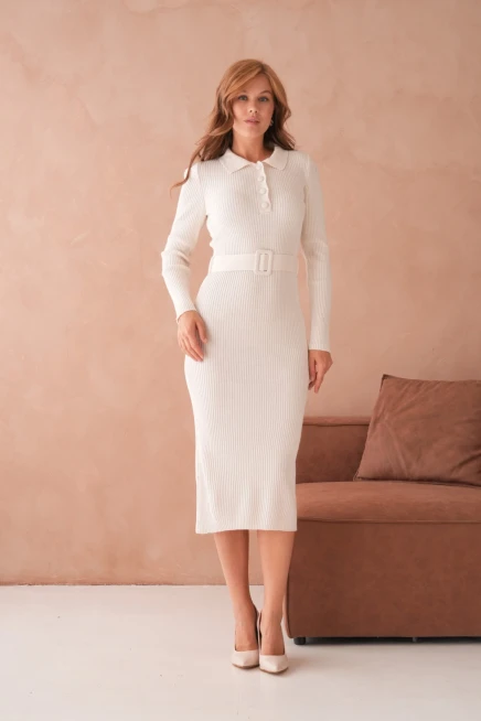 Kadın Polo Yaka Yarım Pat Kumaş Düğme Detay Kemerli Kaşkorse Triko Elbise