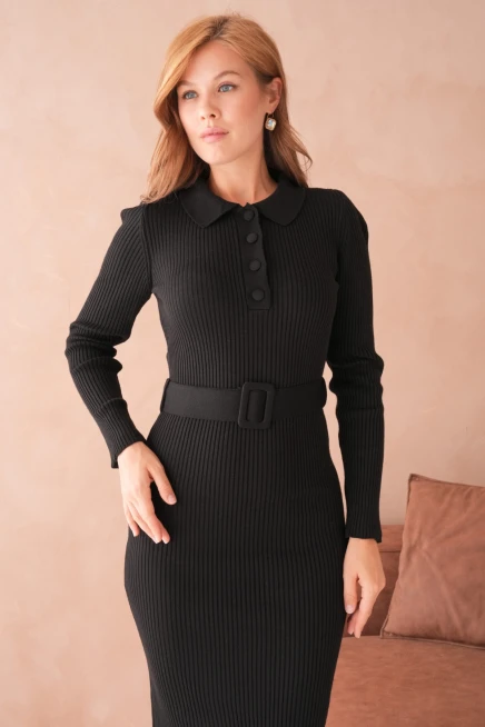 Kadın Polo Yaka Yarım Pat Kumaş Düğme Detay Kemerli Kaşkorse Triko Elbise