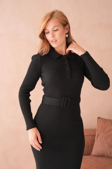 Kadın Polo Yaka Yarım Pat Kumaş Düğme Detay Kemerli Kaşkorse Triko Elbise