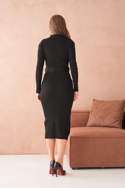 Kadın Polo Yaka Yarım Pat Kumaş Düğme Detay Kemerli Kaşkorse Triko Elbise