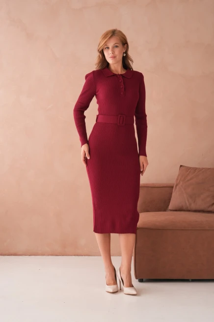 Kadın Polo Yaka Yarım Pat Kumaş Düğme Detay Kemerli Kaşkorse Triko Elbise