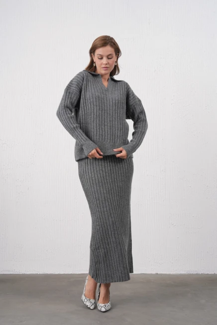 Kadın Polo Yaka Yarım Pat Örgü Detay Kazak Etek İkili Triko Takım