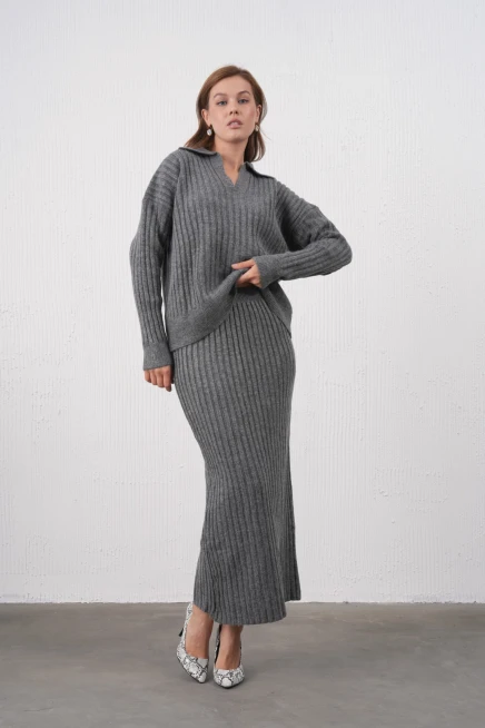 Kadın Polo Yaka Yarım Pat Örgü Detay Kazak Etek İkili Triko Takım