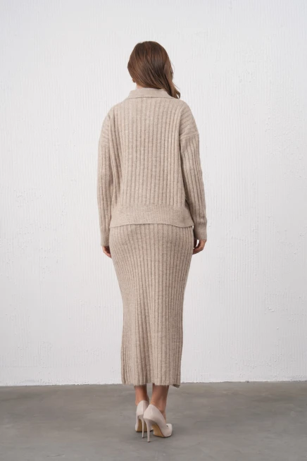 Kadın Polo Yaka Yarım Pat Örgü Detay Kazak Etek İkili Triko Takım