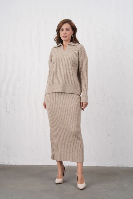 Kadın Polo Yaka Yarım Pat Örgü Detay Kazak Etek İkili Triko Takım