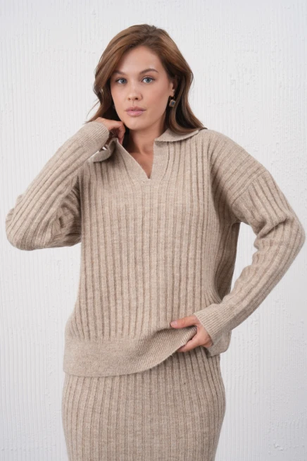 Kadın Polo Yaka Yarım Pat Örgü Detay Kazak Etek İkili Triko Takım