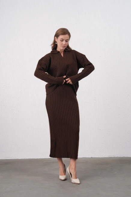 Kadın Polo Yaka Yarım Pat Örgü Detay Kazak Etek İkili Triko Takım