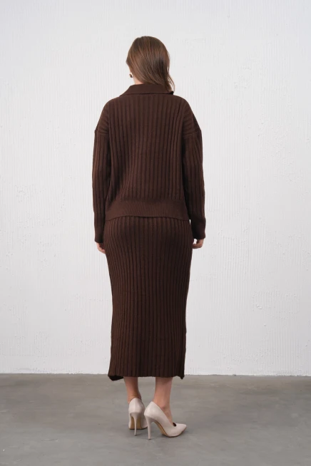 Kadın Polo Yaka Yarım Pat Örgü Detay Kazak Etek İkili Triko Takım