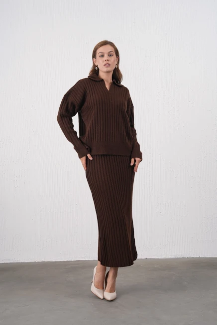 Kadın Polo Yaka Yarım Pat Örgü Detay Kazak Etek İkili Triko Takım