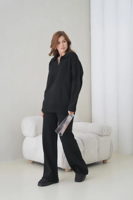 Kadın Polo Yaka Yarım Pat Oversize Kazak Pantolon İkili Triko Takım