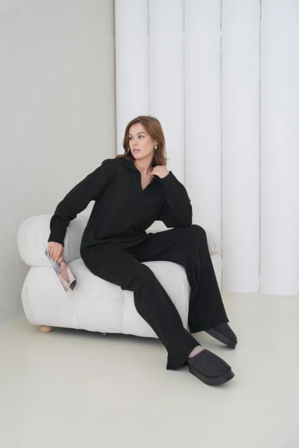 Kadın Polo Yaka Yarım Pat Oversize Kazak Pantolon İkili Triko Takım