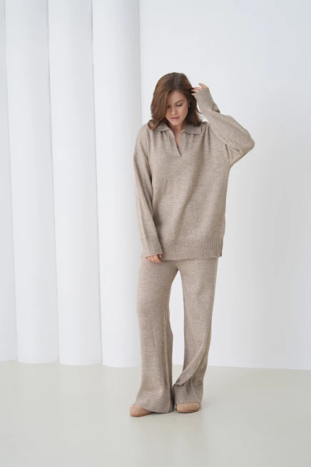 Kadın Polo Yaka Yarım Pat Oversize Kazak Pantolon İkili Triko Takım