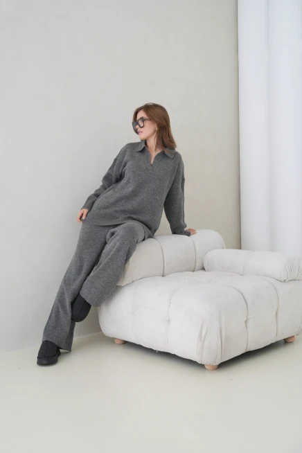 Kadın Polo Yaka Yarım Pat Oversize Kazak Pantolon İkili Triko Takım