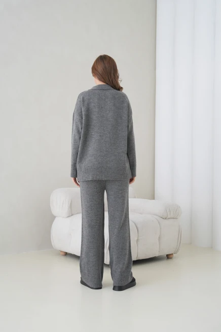 Kadın Polo Yaka Yarım Pat Oversize Kazak Pantolon İkili Triko Takım