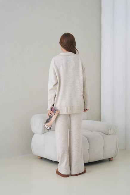 Kadın Polo Yaka Yarım Pat Oversize Kazak Pantolon İkili Triko Takım