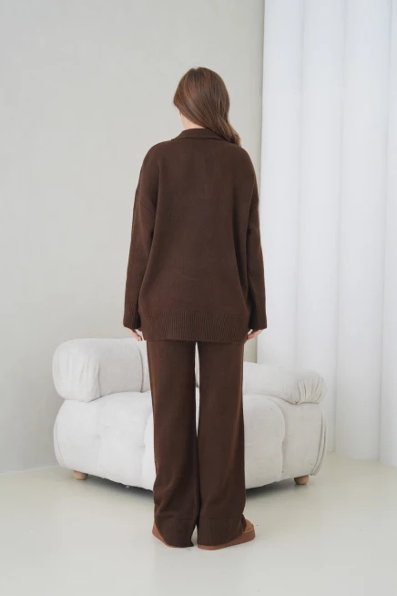 Kadın Polo Yaka Yarım Pat Oversize Kazak Pantolon İkili Triko Takım