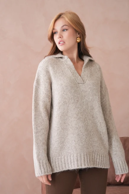 Kadın Polo Yaka Yumuşak Dokulu Oversize Triko Kazak