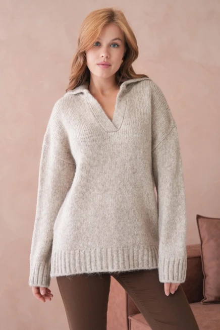 Kadın Polo Yaka Yumuşak Dokulu Oversize Triko Kazak