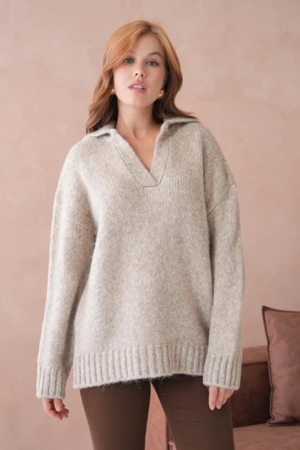 Kadın Polo Yaka Yumuşak Dokulu Oversize Triko Kazak