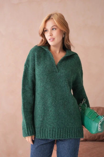 Kadın Polo Yaka Yumuşak Dokulu Oversize Triko Kazak