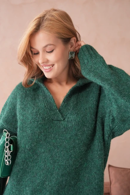 Kadın Polo Yaka Yumuşak Dokulu Oversize Triko Kazak