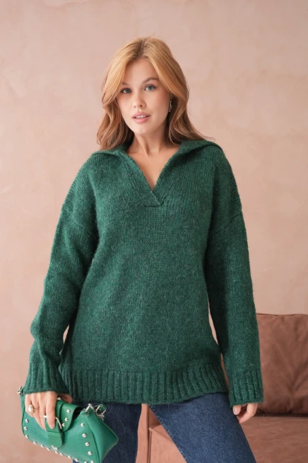 Kadın Polo Yaka Yumuşak Dokulu Oversize Triko Kazak