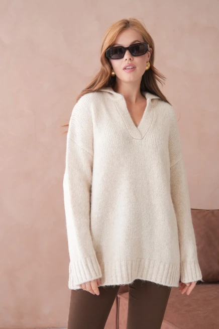 Kadın Polo Yaka Yumuşak Dokulu Oversize Triko Kazak