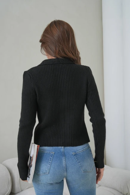 Kadın Polo Yaka Fermuar Detaylı Yumuşak Dokulu Fitilli Triko Ceket