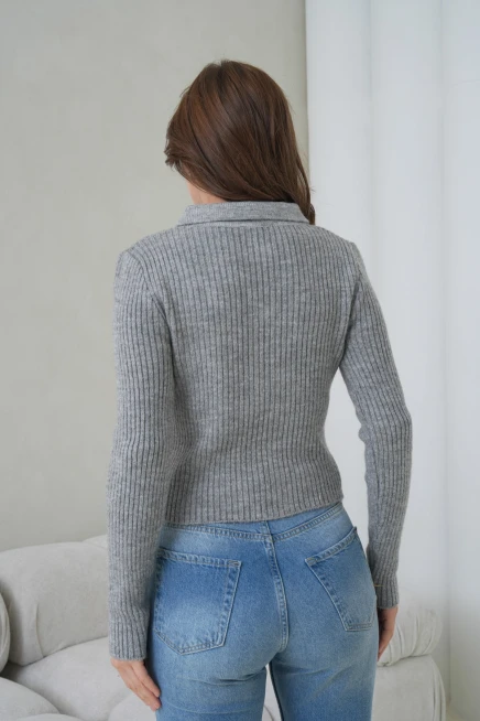 Kadın Polo Yaka Fermuar Detaylı Yumuşak Dokulu Fitilli Triko Ceket