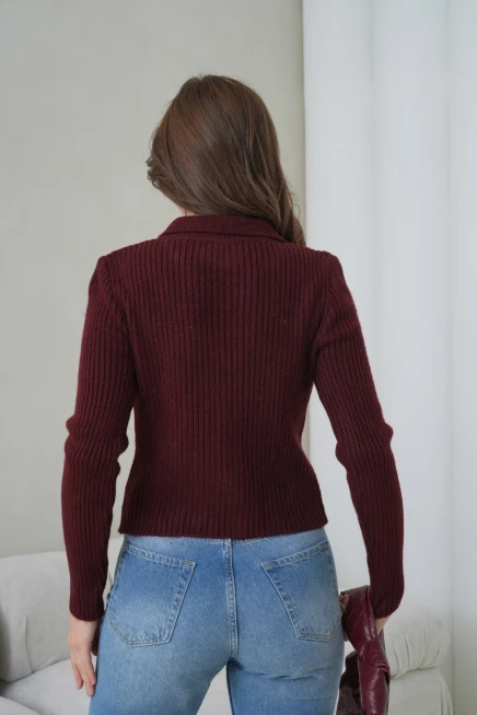 Kadın Polo Yaka Fermuar Detaylı Yumuşak Dokulu Fitilli Triko Ceket