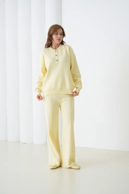 Kadın Siyah Polo Yaka Kazak Pantolon Triko Alt-Üst Takım