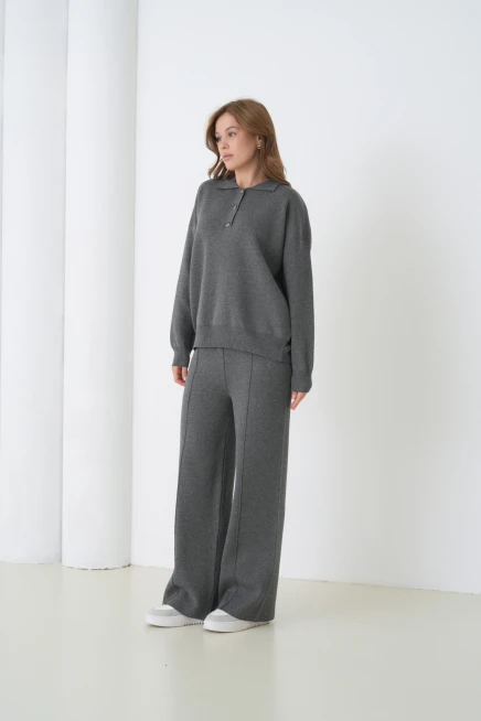 Kadın Siyah Polo Yaka Kazak Pantolon Triko Alt-Üst Takım