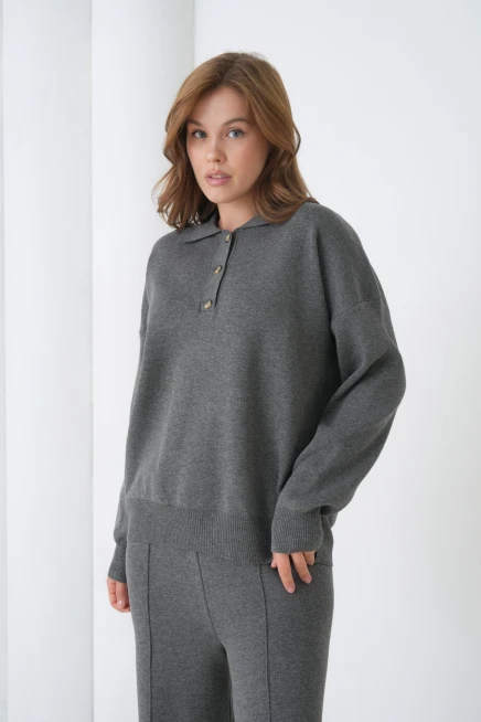 Kadın Siyah Polo Yaka Kazak Pantolon Triko Alt-Üst Takım