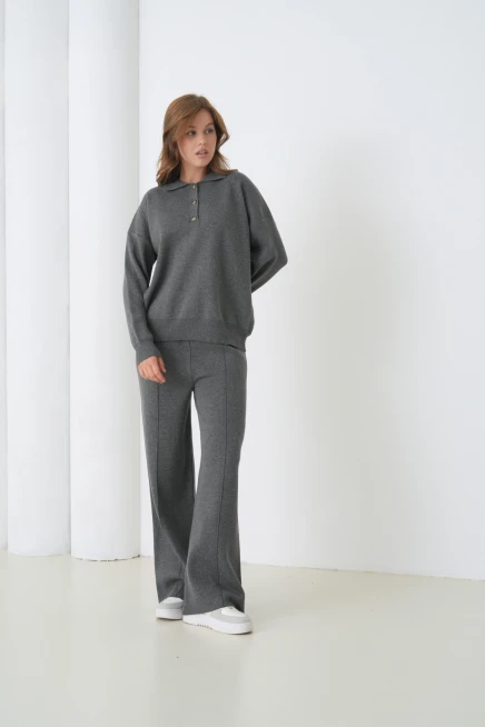 Kadın Siyah Polo Yaka Kazak Pantolon Triko Alt-Üst Takım