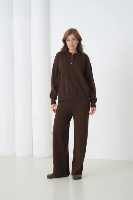 Kadın Siyah Polo Yaka Kazak Pantolon Triko Alt-Üst Takım