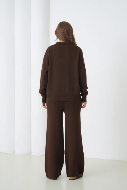 Kadın Siyah Polo Yaka Kazak Pantolon Triko Alt-Üst Takım