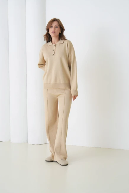 Kadın Siyah Polo Yaka Kazak Pantolon Triko Alt-Üst Takım