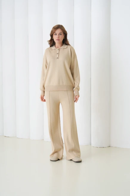 Kadın Siyah Polo Yaka Kazak Pantolon Triko Alt-Üst Takım