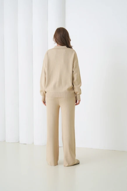 Kadın Siyah Polo Yaka Kazak Pantolon Triko Alt-Üst Takım