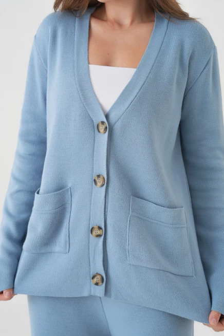 Kadın V Yaka Cep Detay Düğme Kapama Oversize Ceket Pantolon İkili Triko Takım