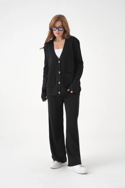 Kadın V Yaka Cep Detay Düğme Kapama Oversize Ceket Pantolon İkili Triko Takım